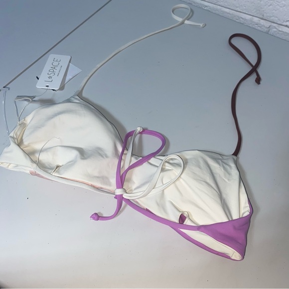 NWT  L*Space Sea Glass Color Block Bikini Swim Top Brown Pink Halter XL Bitsy - Picture 6 of 10